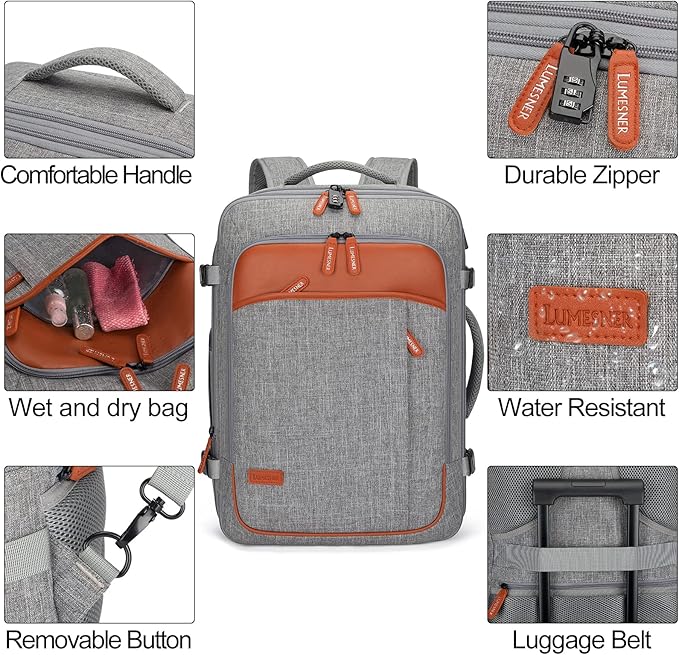 Lumesner Carry on Travel Backpacks, Extra Large 40L Flight Approved Bag for Men & Women,Expandable Suitcase Backpack With 4 Packing Cubes,Water Resistant Luggage Daypack Business Weekender Bag, Grey
