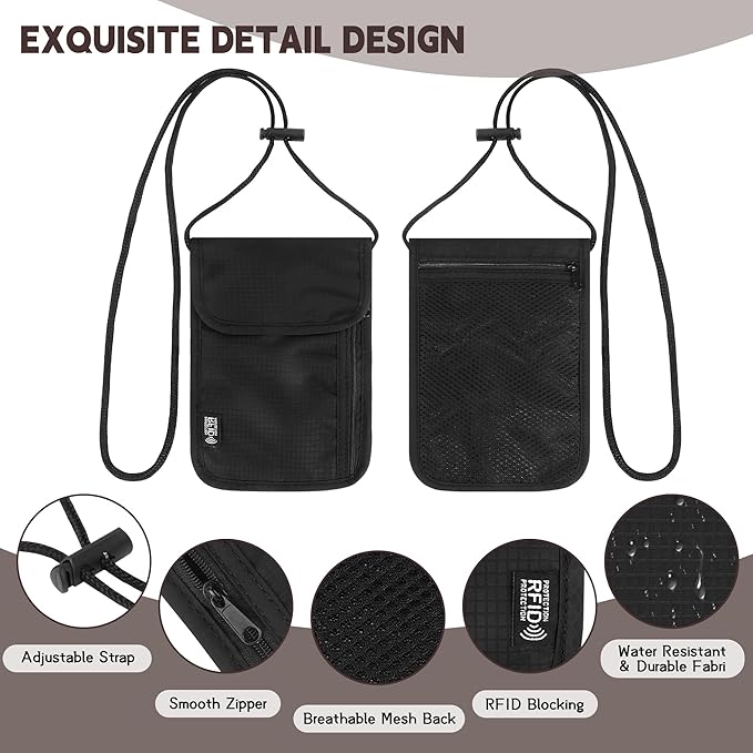 Likesing 5.5" L x 7.9" W Travel Neck Wallet, RFID Blocking Passport Holder, Security Lightweight Passport Travel Wallet, Neck Pouch Gifts for Women Men(Black)