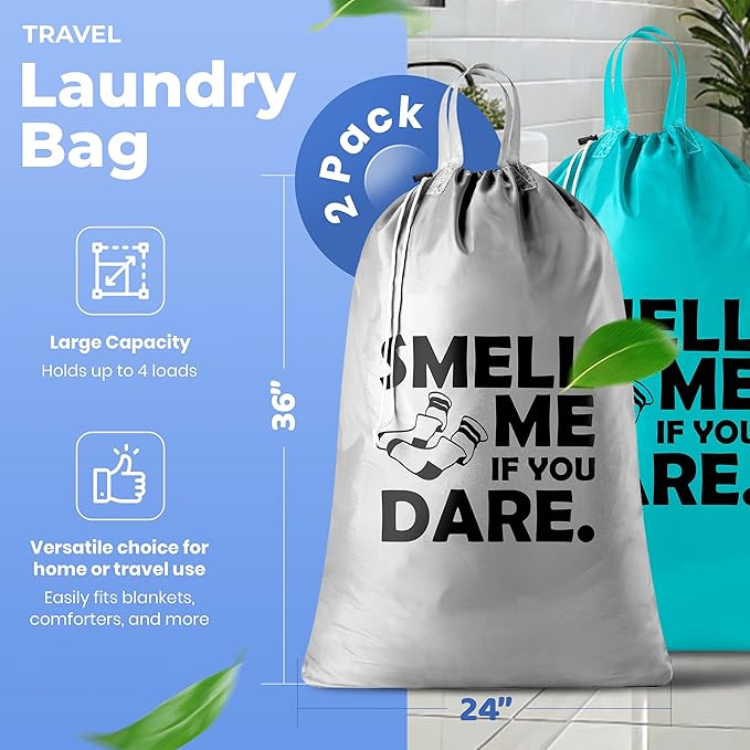 Extra Large Travel Laundry Bag - 2-Pack Fun Print Design Bags for Dirty Clothes - Durable Water-Resistant Fabric - Sturdy Drawstring Closure (Teal-Grey | Smell Me If You Dare)
