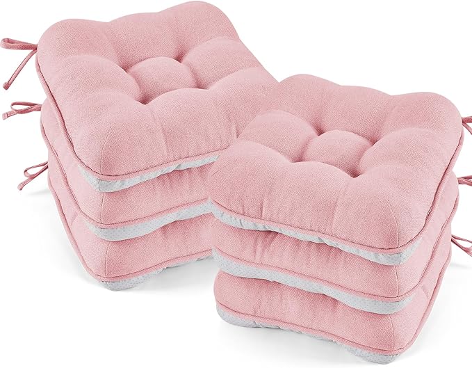BETU Pink Chair Cushions for Dining Chairs Set of 6,3.5" Thick Kitchen Table Chair Pads with Ties,Non Slip Backing and Covers, Seat Cushion for Dining Room,Bar,Patio Chairs,16"X16"X3.5",Pink