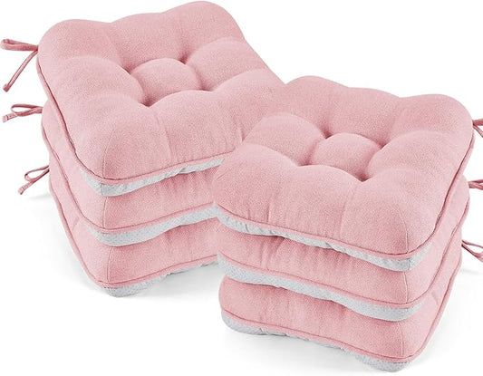 BETU Pink Chair Cushions for Dining Chairs Set of 6,3.5" Thick Kitchen Table Chair Pads with Ties,Non Slip Backing and Covers, Seat Cushion for Dining Room,Bar,Patio Chairs,16"X16"X3.5",Pink