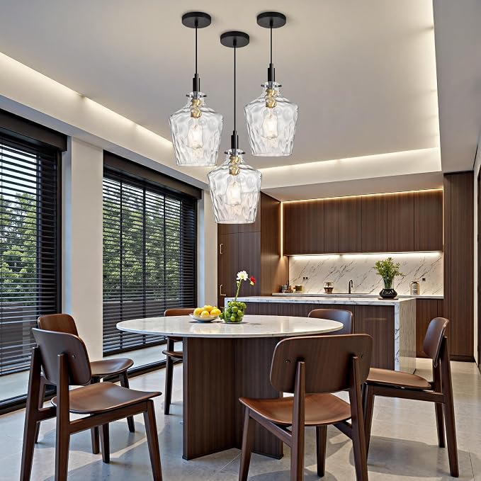 Hammered Glass Pendant Light for Kitchen Island 1 Pack Black Gold 8 Inch | Adjustable cord Dimmable, E26 bulbs, Rust-resistant Damp Rated For Bathrooms, 5-Year Manufacturer Warranty, UL Certification