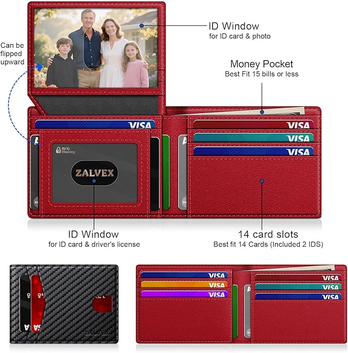 Wallet for Men Slim RFID Blocking Leather Credit Card Holder Wallet for 14 Cards, Bifold Minimalist Thin Wallet with 2 ID Windows & Cash Slot, Front Pockt Carteras Para Hombres, Birthday Gifts for Men
