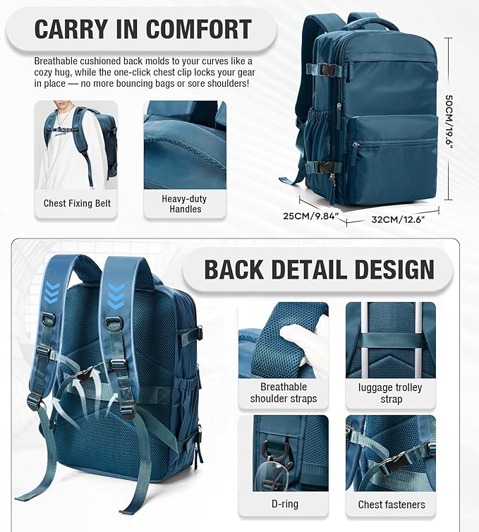 VECAVE Vacuum Travel Backpack with Pump for Women, Personal Item Carry on Backpacks Flight Approved for Men,Laptop Waterproof Work Compression bags Casual Daypack(Blue)