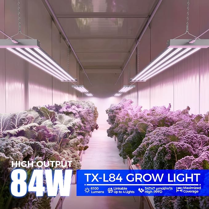 Barrina TX-L84 4FT LED Grow Light, 84W, 4 Panels Wider Coverage, High PPFD | Pinkish White Full Spectrum, Linkable to 4, High PPFD, Hanging Plant Stand with Grow Light for Indoor Seedling, 1 Pack