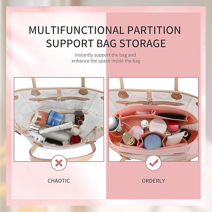 Purse Organizer Insert with Base Shaper Compatible with Neverfull PM and More, Bag Organizer for Luxury Tote Handbags, Pink, M