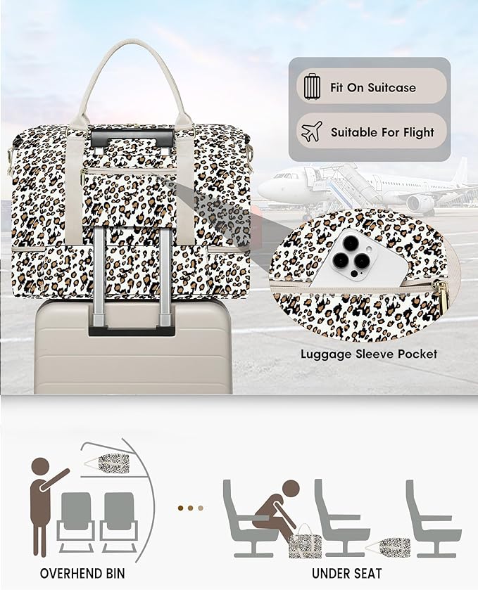 Travel Overnight Bag Weekender Bags: Large Duffle Bag Women with Shoe Compartment Carry on Overnight Bags with Toiletry Bag Gym Duffel Bag with Wet Pocket Hospital Bags for Labor and Delivery Leopard