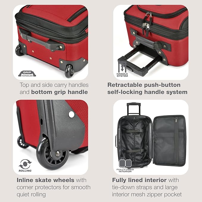 U.S. Traveler Rio Lightweight Softside Rolling Carry-on Suitcase, 2-Wheel Single, Red