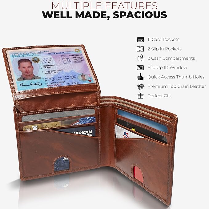 BULL GUARD Mens RFID Blocking Bifold Wallet Smooth Top Grain Leather, Secure and Durable Extra Capacity Billfold with 11 Credit Card Slots, Flip Up ID,Tight Stitching, Quick Thumb Push Access, No Logo