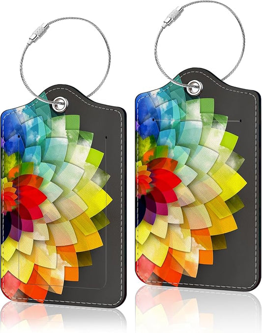 2 Pack Luggage Tag for Suitcase, Cute Unique Leather Suitcase Tags Identifiers with Privacy Name Address Labels & Durable Steel Loop for Women Men Travel