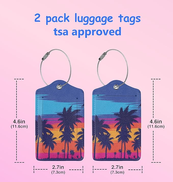 2P Sunset Beach Palm Trees Luggage Tags Privacy Cover ID Label with Stainless Steel Loop and Address Card for Travel Bag Suitcase Funny Cute Man Women Kids