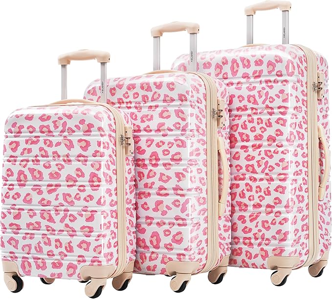 Merax Suitcase Set, Hardshell Luggage Sets 3 Piece with Spinner Wheels, Expandable Durable Suitcase with TSA Lock Lightweight 20" 24" 28", Pink Leopard