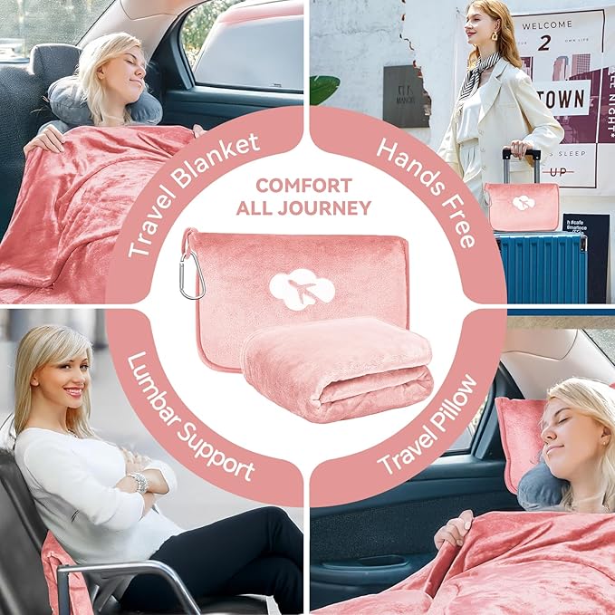Travel Blanket and Pillow Compact, Premium Soft 2 in 1 Airplane Blanket with Soft Bag Pillowcase，Hand Luggage Sleeve and Backpack Clip (Solid Pink)