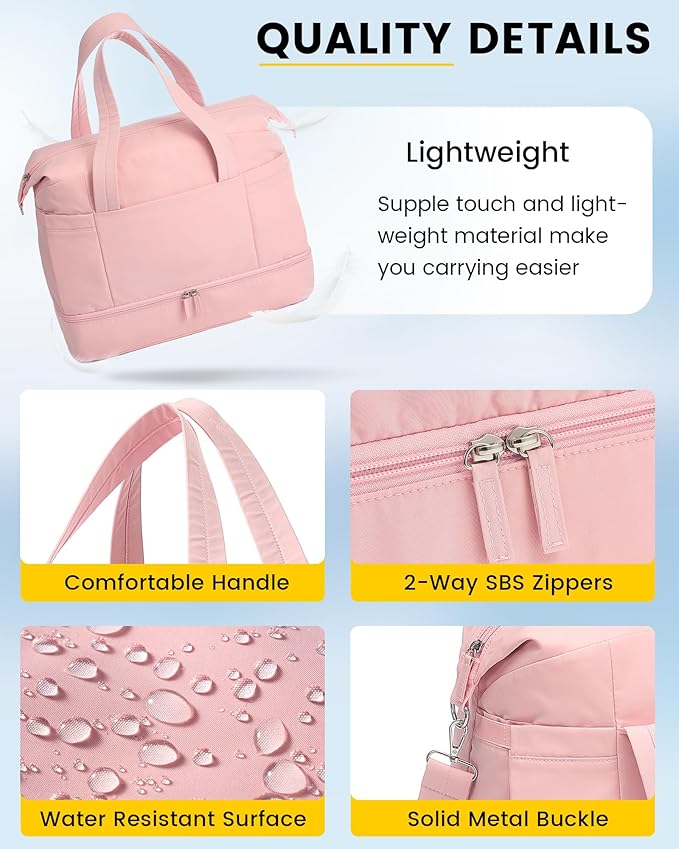 Vorspack Duffle Bag for Travel - 30L Gym Bag for Women Men Personal Item Travel Bag with Shoe Pocket Toiletry Bag Lightweight Carry On Bag for Weekender Overnight Sports - Pink