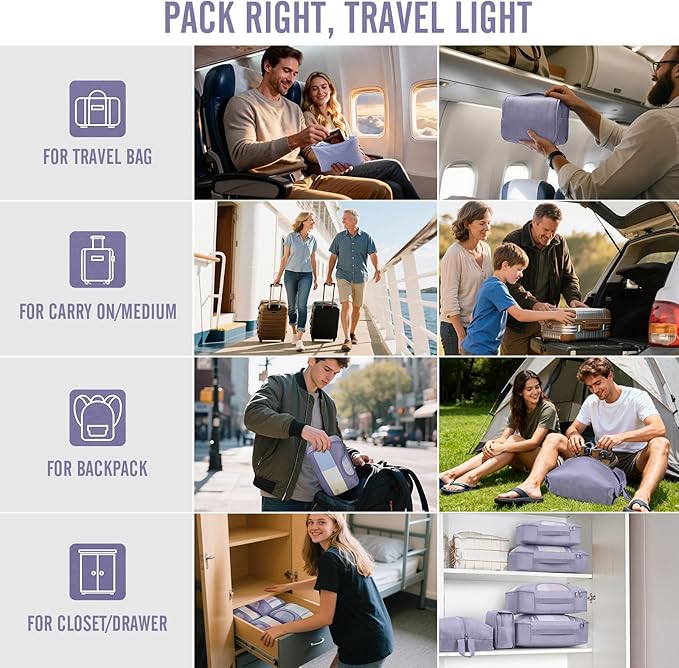 Veken 8 Set Packing Cubes for Travel Essentials, Suitcase Organizer Bags in 4 Sizes, Carry-On Luggage Accessories with Large Laundry & Hanging Toiletry Bag, Must-Have for Airplane, Road Trip & Camping