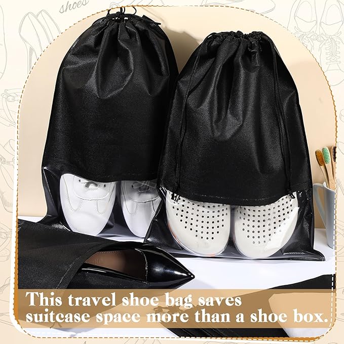 Sadnyy 50 Pcs Black Shoe Bags for Travel Large Non Woven Drawstring Shoes Organizers Pouch for Packing Portable Storage Bags Carrier for Women Men Travel Storage, 12.6x17.3 Inches