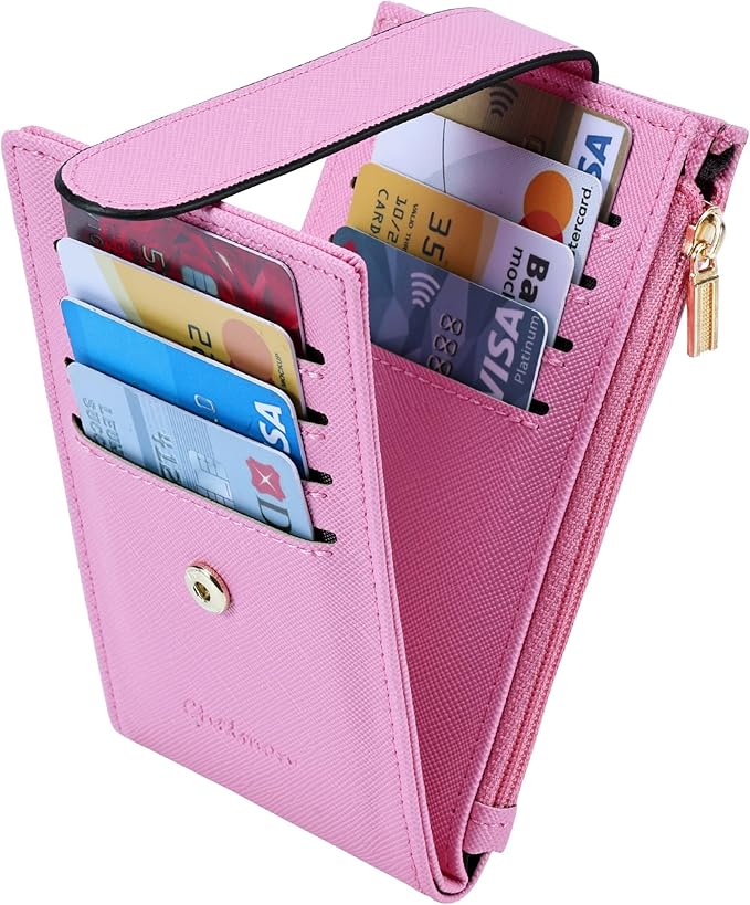 Chelmon Womens Wallet Slim RFID Blocking Bifold Multi Card Case Wallet with Zipper Pocket (Pink)