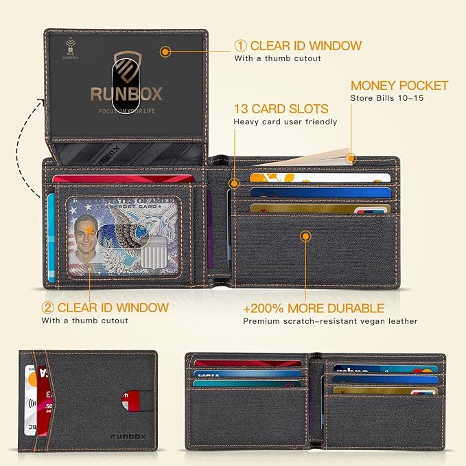 RUNBOX Wallet for Men Slim Rfid Leather 2 ID Window With Gift Box | Slim, Rfid, 2 ID Window, With Gift Box, Slim, Rfid