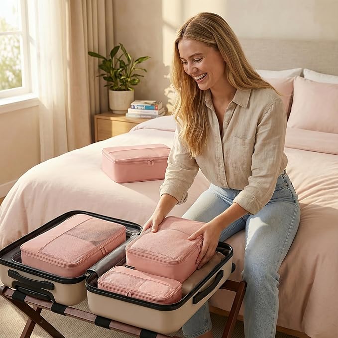 4 Piece Compression Packing Cubes for 3–7 Day Travel, Lightweight Travel Organizers with Breathable Mesh, Double-Zipper Packing Cubes for Carry-On & Suitcases (Dusty Pink)