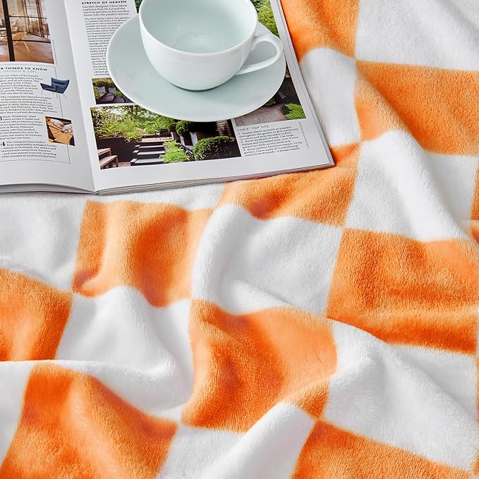 Orange Checkered Blanket, Soft Cozy Fleece Checkered Throw Blankets for Bed Sofa Couch Camping, Ultra Fluffy Throws for All Seasons, 50x60 Inch, Orange