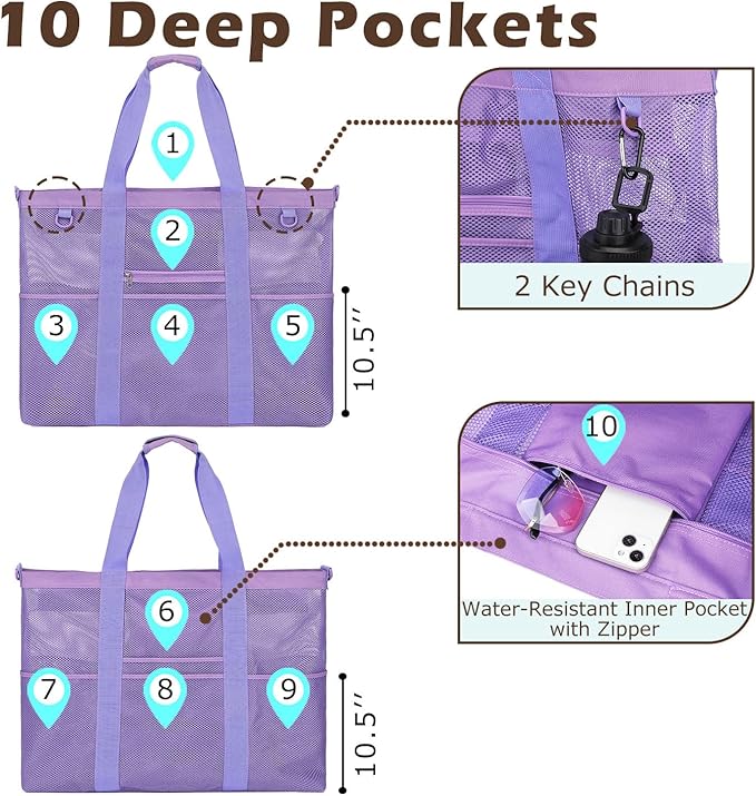Fammart Mesh Beach Bag, Large Beach Tote with Zipper Pocket, Toys Pool Bag for Family Travel Vacation Cruise Essentials