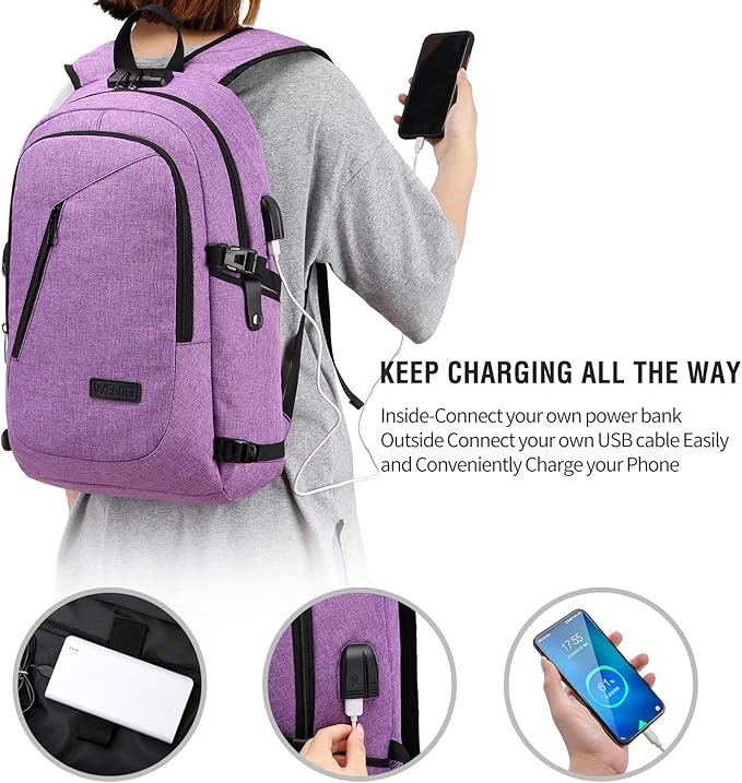 WENIG Laptop Backpack for Women,Business Backpack Anti-Theft Backpack with USB Charging Port and Lock 15.6 Inch Computer Backpacks for Women Men,Purple