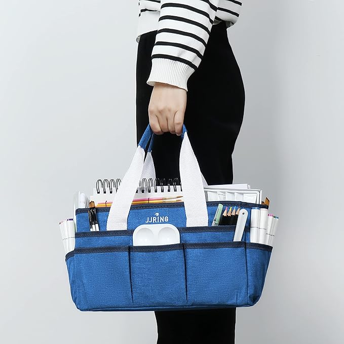 JJRING Craft Organizer Tote Bag, Art Storage Caddy with Multiple Pockets, Blue Sewing Bag for Art, Craft, Scrapbooking, School, Medical, and Office Supplies Storage