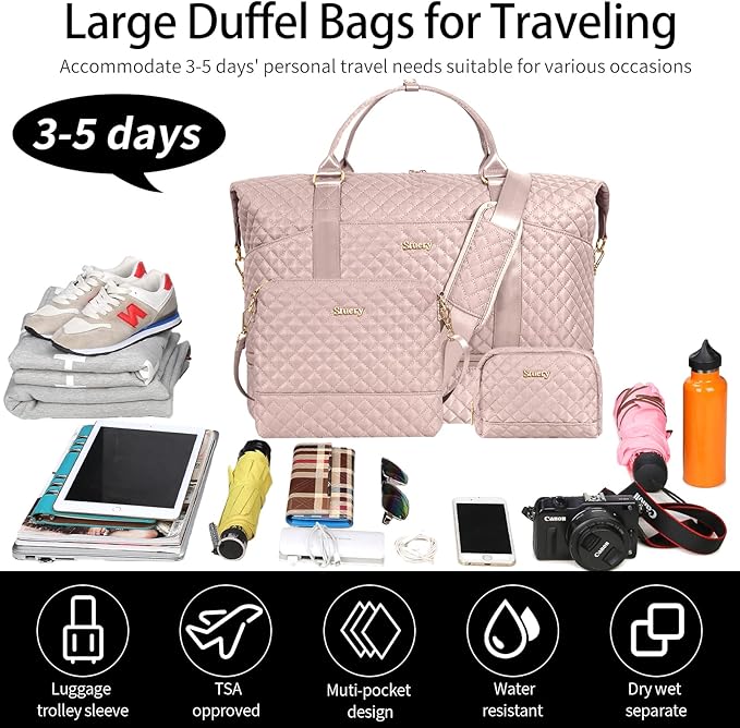 Weekender Bag, Large Travel Duffel Bag for Women, Carry on Overnight Bag with Shoe Compartment and Toiletry Bags