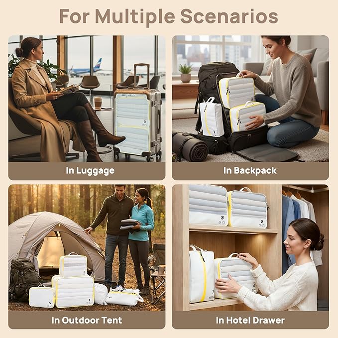 7 Set Compression Packing Cubes Travel Accessories Expandable Packing Organizers (White)
