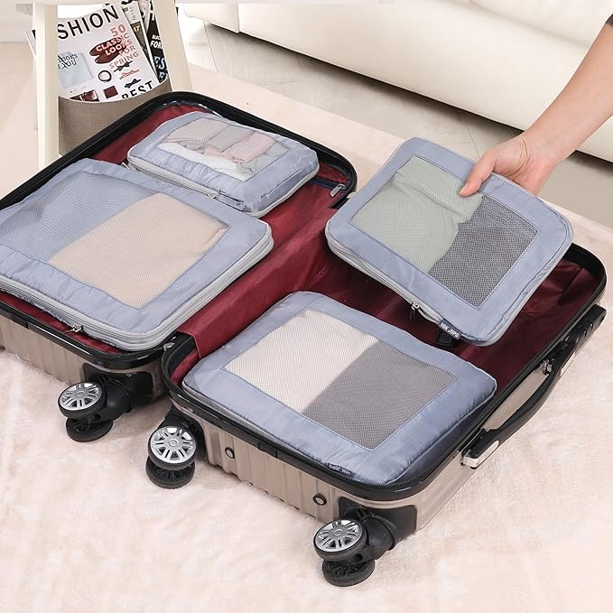 4 Set Ultralight Compression Packing Cubes Travel for Suitcases ，Compressible Mesh Packing Cubes for Travel Women Packing Organizers (Gray)