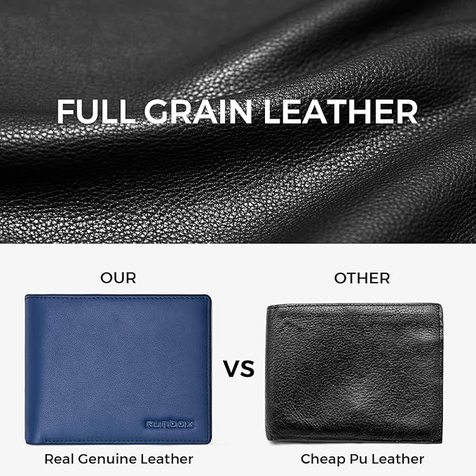 RUNBOX Leather Wallet for Men, Genuine Leather Mens Wallet Bifold Rfid Blocking with 12 Cards and 2 ID Windows, Minimalist Wallet for Men with Gift Box