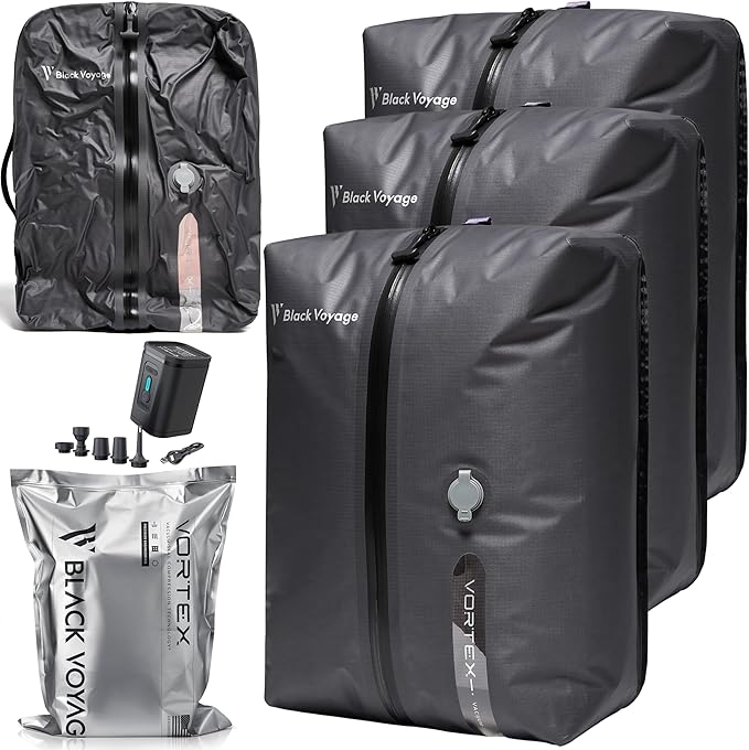 Black Voyage Reusable Vacuum Compression Travel Bag for Carry-On Suitcase and Backpack, Recycled IP67 Waterproof Space Saver Vacpack (3-Pack, 18L - Pump Included)