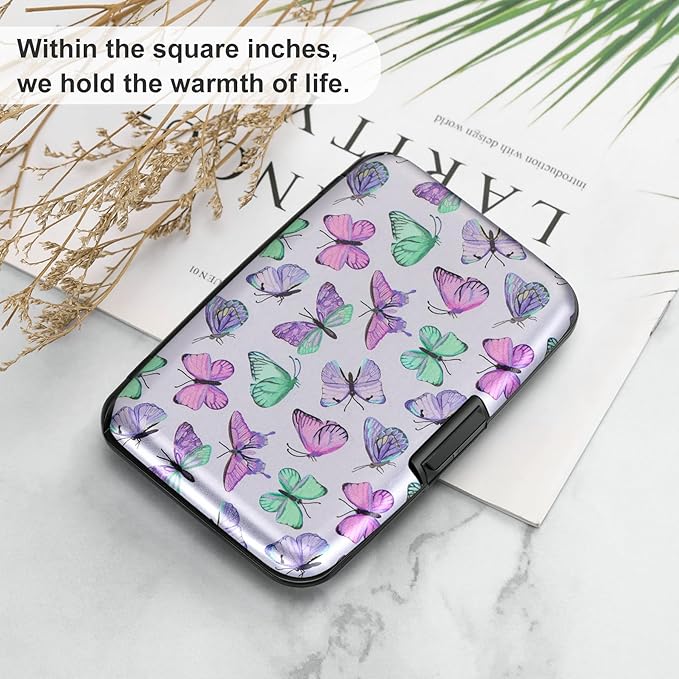 ELFISH Mini RFID Aluminum Wallet Credit Cards Holder Business Card Case Metal ID Case for Men Women(Colorful Butterflies)