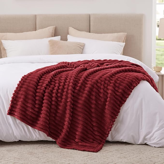 EXQ Home Fleece Throw Blanket for Couch or Bed - 3D Stripe Jacquard Decorative Blankets - Cozy Soft Lightweight Fuzzy Flannel Blanket Suitable for All Seasons(50"×60",Red)