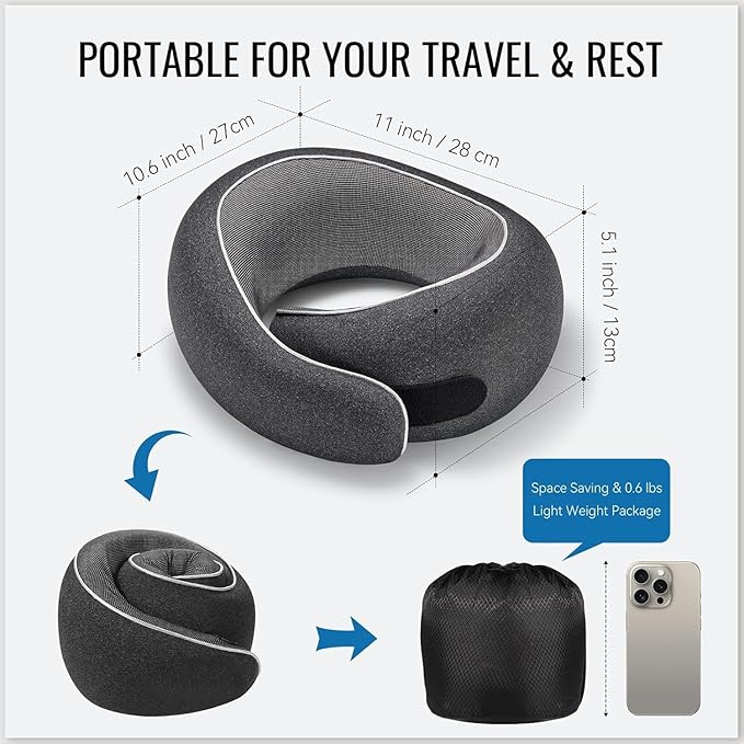 Travel Neck Pillow for Airplanes, Premium Memory Foam Neck Pillow with Ergonomic 360° Support, Travel Essentials for Plane, Car, Train and Home, Max Cloud Gray