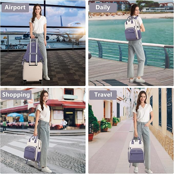 Laptop Backpack for Women Work Bag - 15.6 inch Travel Backpack Purse with USB Charger College Bookbag Waterproof Cute Casual Daypack Business Computer Backpacks for Teacher Nurse Beige Light Purple