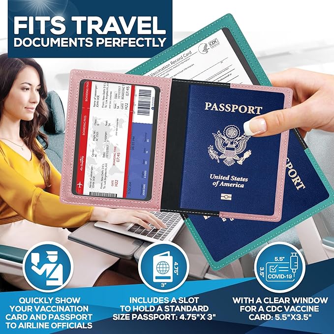 Ciana Passport Holder for Travel – PU Leather Passport Cover and Card Holder for Men & Women – Slim Passport Holder with Card Protector Slot, Travel Must Haves (Turquoise and Rose Gold)