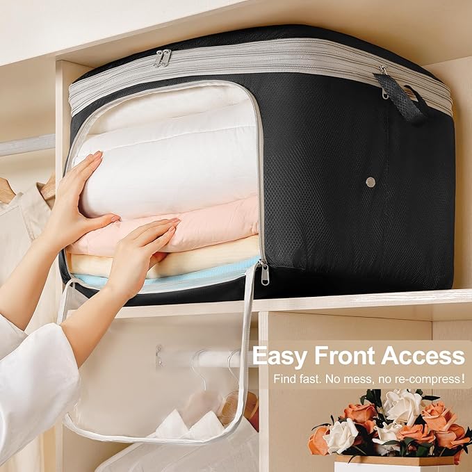 Comforter Storage Bag - 130L Blanket Storage Bags Front-opening Ultra Space Saving Self Compression Organizer, Washable Compression Bags for Storage Comforter Blanket, 2 Pack, Black