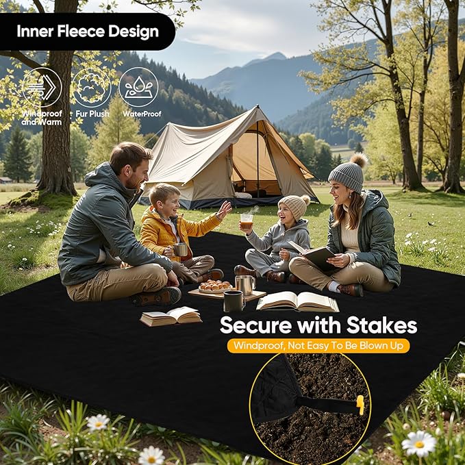 Northroad Waterproof Outdoor Blanket w/Fleece Lining, Large Windproof Camping Blankets for Cold Weather, Light Weight and Warm for Stadium, Hiking, Dog, Picnic, Washable, 55”X 82” (Black, 1PCS)