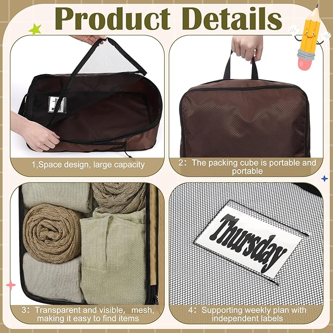 7 Pcs Packing Cubes for Travel Large Days of Week Compression Packing Cube with Labels Luggage Organizers Storage Bag(Brown)