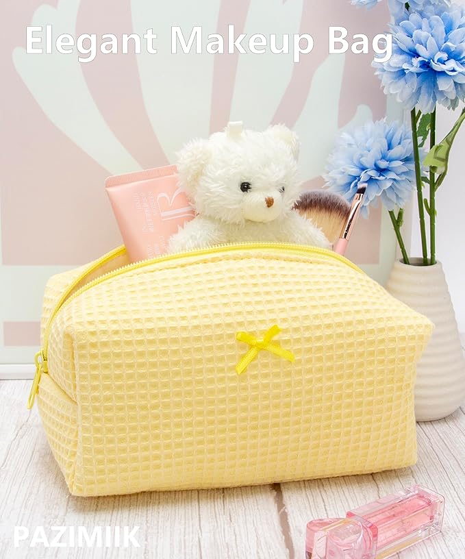 PAZIMIIK 2PCS Cozy Makeup Bag Travel Cosmetic Bag for Women Soft Toiletry Bag Aesthetic Makeup Organizer Portable Large Zipper Pouch for Skincare Beauty Accessories Brushes Waffle Check Yellow