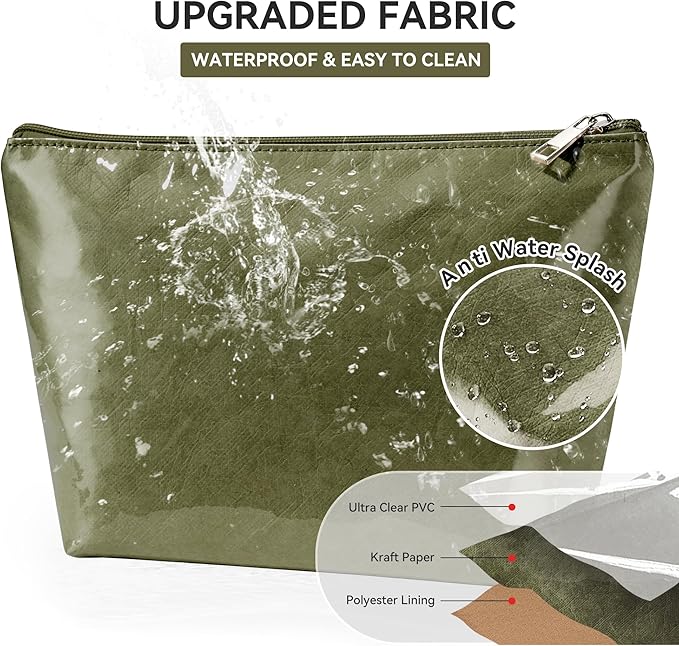 WLLWOO PVC Waterproof Makeup Bag Kraft Paper Cosmetic Bag Travel Toiletry Zipper Pouch Organizer for Women Purse