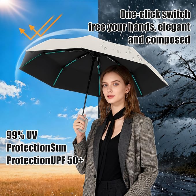 Compact Automatic Folding Travel Umbrella-Windproof Rainproof, PF50+ Sun Protection for Hiking,Outdoor,Chool,Golf Course & Daily Use,Sturdy Multi-Ribbed Frame