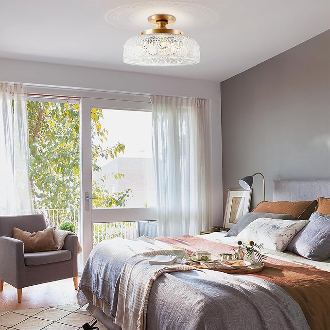 Lamomo Semi Flush Mount Ceiling Light, Upgraded Larger 12 Inch Golden Hallway Light Fixture, 3 Light Globe Glass Close to Ceiling Scone,Indoor Hanging Light for Bedroom Kitchen Porch Hallway