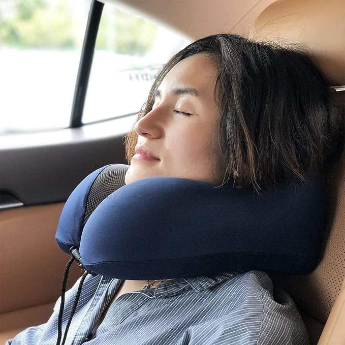 MLVOC Neck Pillow for Traveling, Upgraded 100% Pure Memory Foam Travel Neck Pillow for Airplane Flight Sleep, Breathable & Machine Washable Cover, Travel Kit with 3D Eye Mask, Earplugs & Bag, Blue