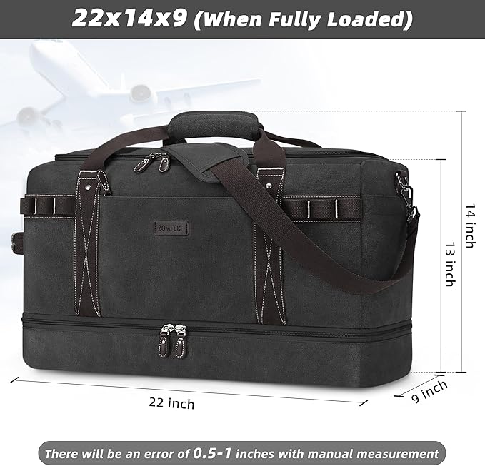 ZOMFELT Travel Duffle Bag for Men, 45L Carry On Luggage 22x14x9 Airline Approved, Waterproof Canvas Overnight Duffel Bag with Removable Dividers, Weekender Gym bag with Shoe Pocket (Washed Black)