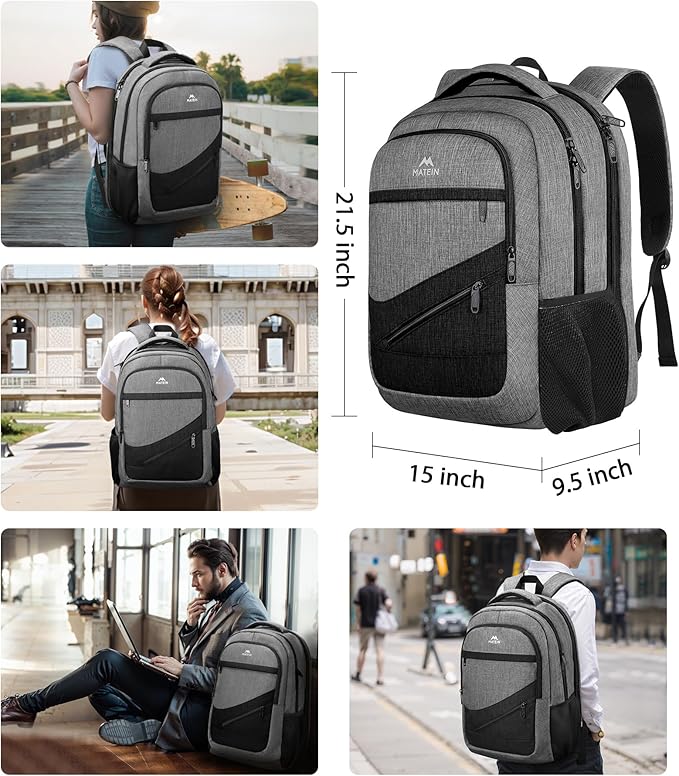 MATEIN Extra Large Laptop Backpack 18.4 Inch, Airplane Approved Travel Backpack with Luggage Strap and Anti Theft Pocket, 50 L College Computer Carry On, Gifts for Business Work Men, Grey Black