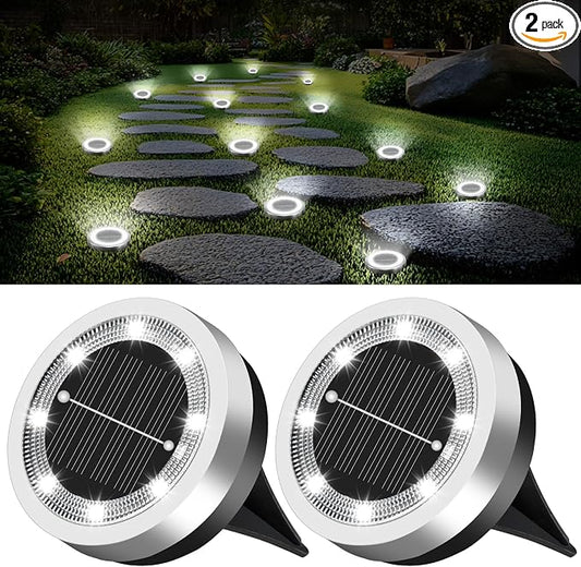 SenLuKit Mini Solar Ground Lights 2 Pack Outdoor IP65 Waterproof Solar Flat Garden Light Solor Powered Disc Pathway Lights for Outside Walkway Yard Landscape Patio Lawn Driveway-Cool White