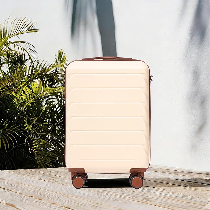 20 Inch Carry On Luggage, Lightweight ABS Hard Shell Suitcase with Spinner Wheels, Durable Travel Luggage with Combination Lock & Side Hooks for Men Women, Beige
