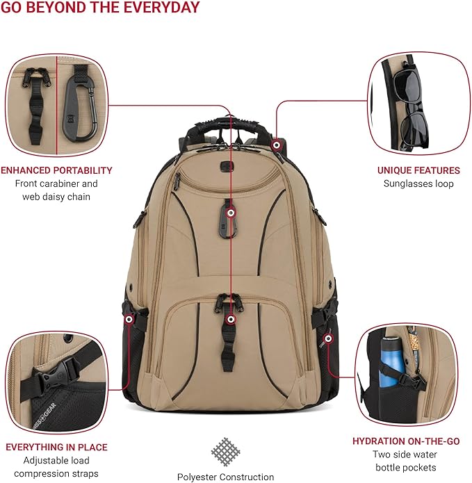 SWISSGEAR 1900 ScanSmart TSA Laptop Backpack Fits 17 Inch Laptop with RFID Protection and Tablet Pocket, Pastel Brown, 19-Inch
